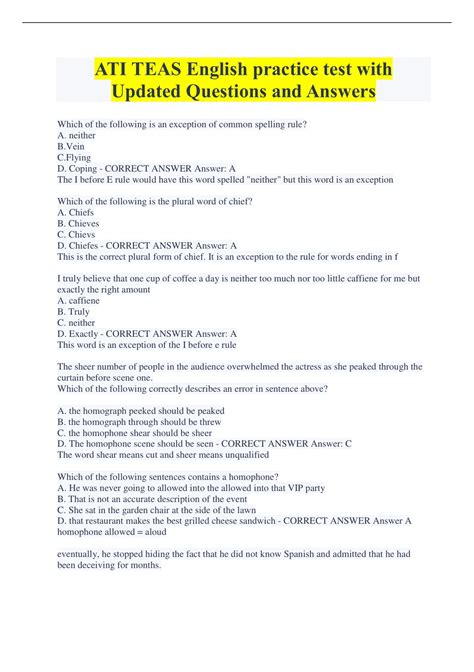 ATI TEAS English practice test with Updated Questions and Answers - ATI ...