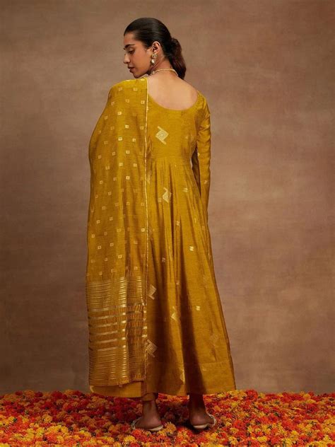 Buy Mustard Woven Design Chanderi Silk Anarkali Suit With Dupatta ...