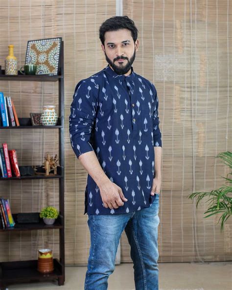 Handwoven Ikkat Cotton Short Kurta Men — Navy Blue – rushmefashions.com