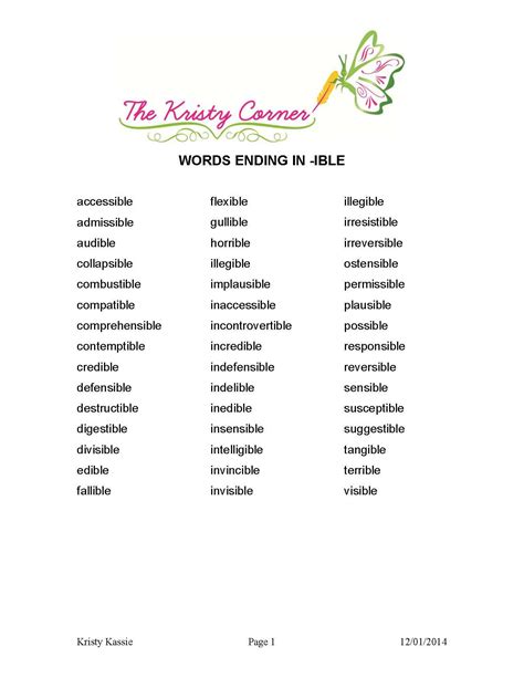 Words ending in ABLE or IBLE Vocabulary List
