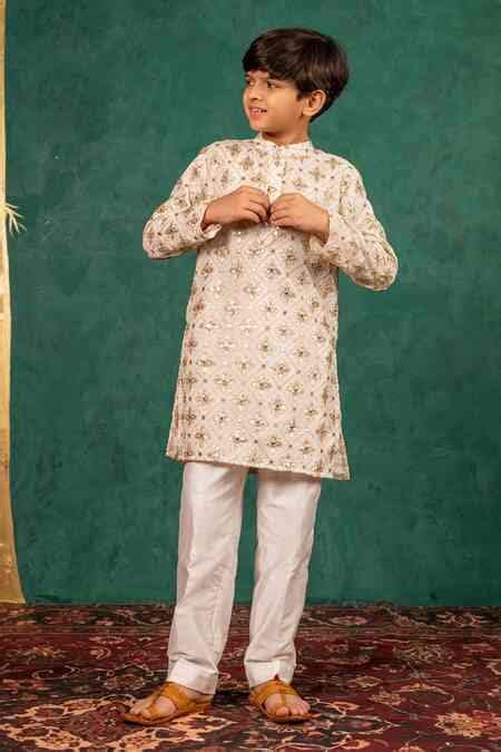 Buy Off White Georgette Mirrors, Embroidery Work Kurta Set For Boys by ...