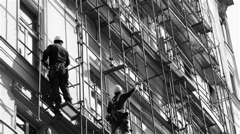 Two construction workers on scaffolding during building restoration ...