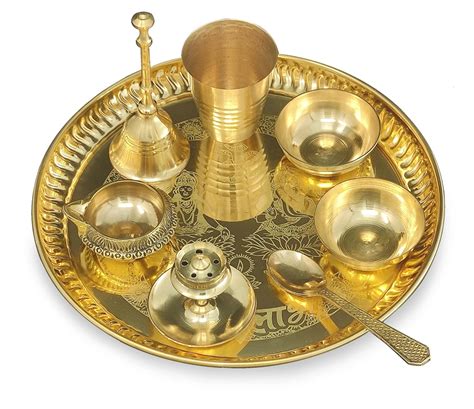 BENGALEN Brass Pooja Thali Set 8 Inch with Pital Plate Glass Spoon ...