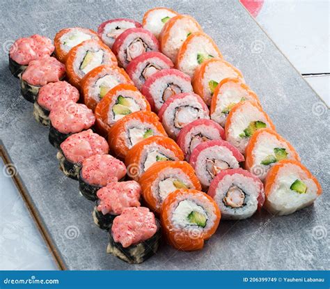 Different Kinds of Sushi Roll. Japanese Food Set of Different Sushi ...