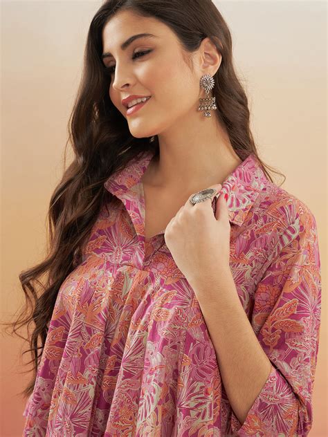 Pink Coral Floral Print Flared Dress