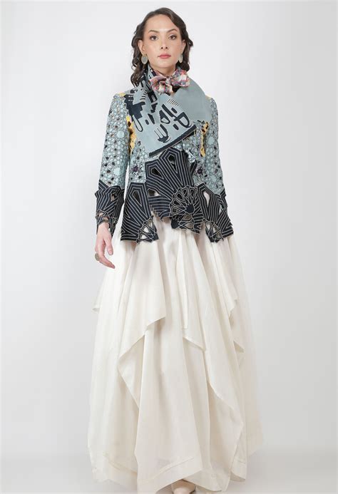 EMB DRAPED COLLAR CUTWORK JACKET WITH SKIRT