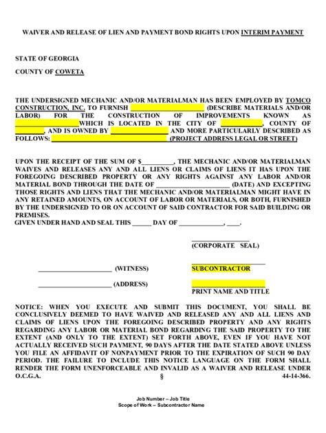 Fillable Online INTERIM WAIVER AND RELEASE OF LIEN UPON PAYMENT Sample ...