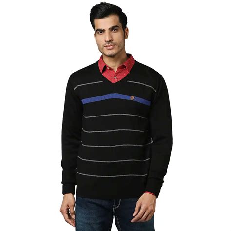 Men Black Stripe Acrylic Wool Blend Full Sleeve V Neck Collar Sweaters ...