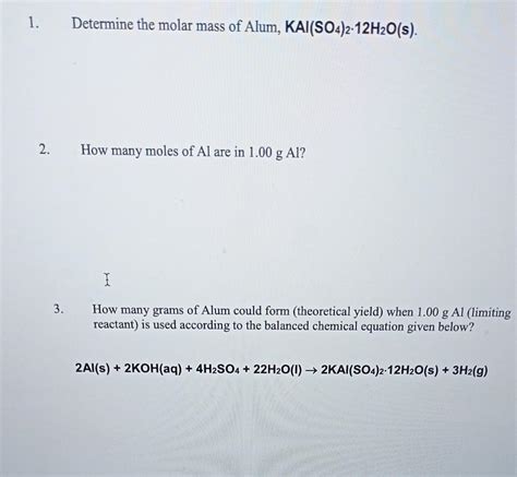 Solved Determine the molar mass of Alum, KAl(SO4)2⋅12H2O(s). | Chegg.com