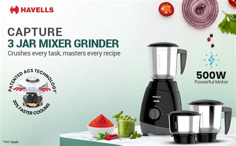 Buy Havells Capture 500W Mixer Grinder 3 Stainless Steel Jars | 21000 ...