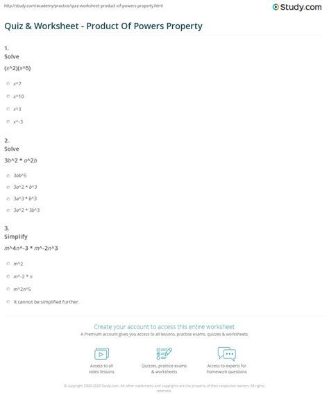 Quiz & Worksheet - Product Of Powers Property | Study.com