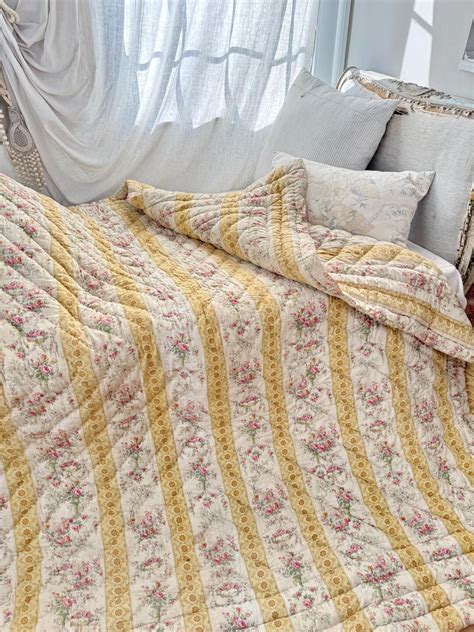 90x84 French 1910 Yellow Quilt Boutis Textile Country Charm Farmhouse ...