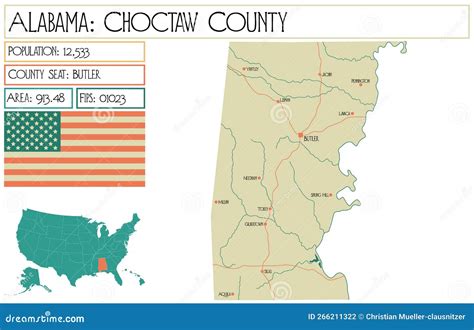 Map Of Choctaw County In Mississippi State On White Background. Single ...