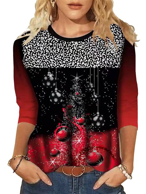 LilyLLL Womens Xmas Tee Long Sleeve Christmas Tree Print Blouse T Shirt ...