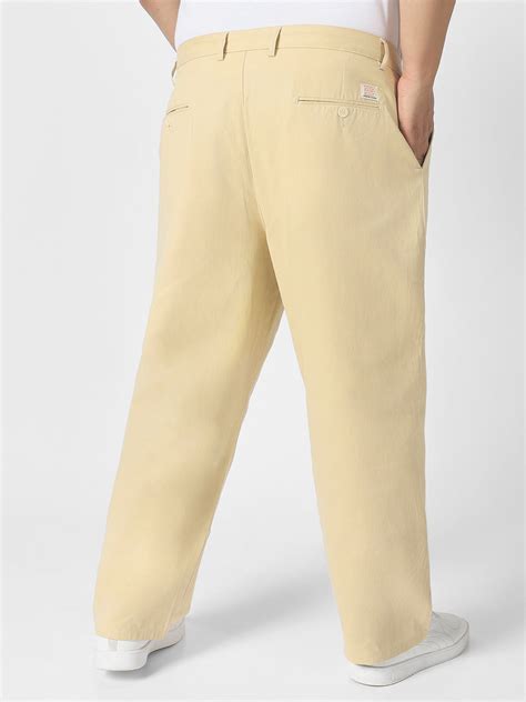 Plus Men's Beige Loose Baggy Fit Solid Chino Trousers Non-Stretchable ...