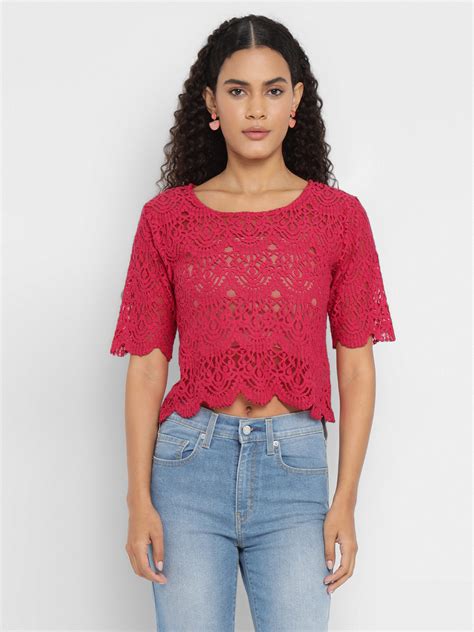 Porsorte Womens Red Crochet Lace Top ( No inner)