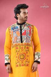 Madhubani Hand-Painted Cotton Punjabi for Men with Kantha Embroidery ...