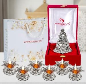 INTERNATIONAL GIFT Silver Ganesh Idol with 6 Diya with Beautiful Gift ...