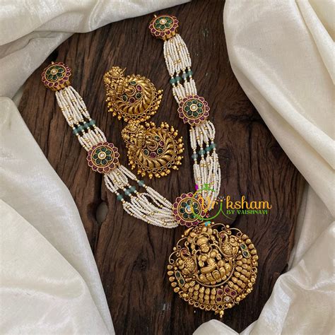 Multi Layered Pearl Bead Lakshmi Pendant Maalai-G9653 – vrikshamindia