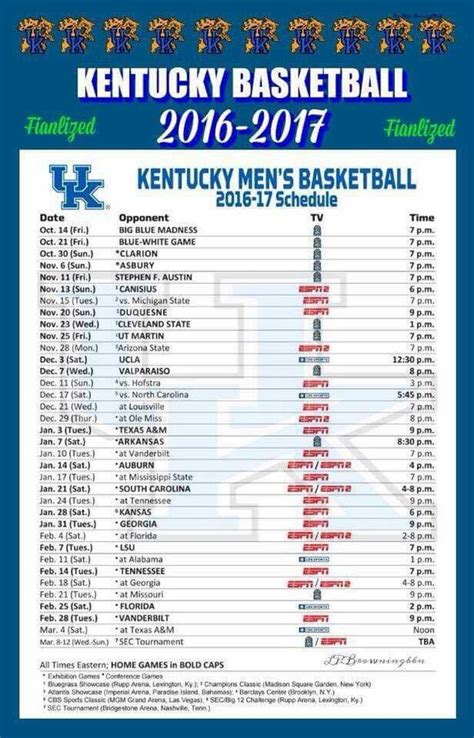 University Of Kentucky Basketball Schedule Printable