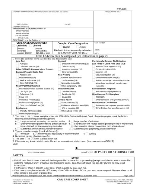 California Civil Case Cover Sheet - Blank Fillable Template | Fill Out ...