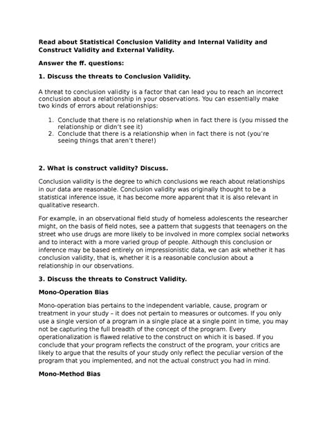 Statistical Conclusion Validity and Internal Validity and Construct ...