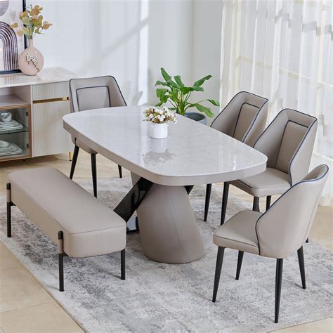Buy Marcello Glass Top 6-Seater Dining Set with Chairs and Bench - Grey ...