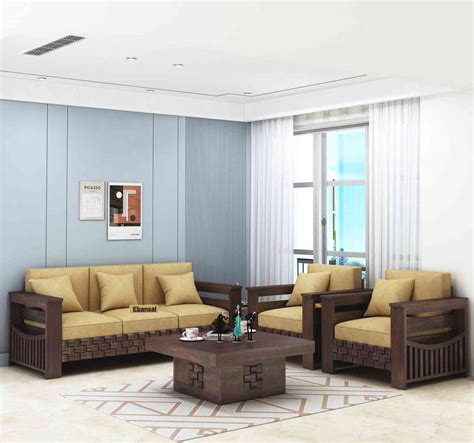 Olivia Solid Sheesham Wood 5 Seater Sofa Set (Walnut Finish, 3+1+1 ...