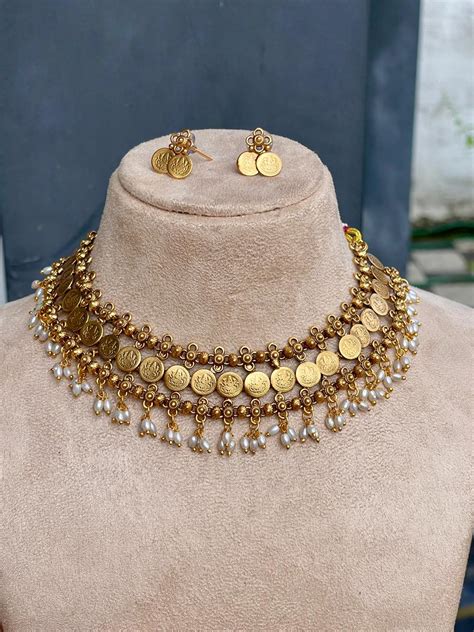 Antique Gold Plated Rice Pearl Coin Necklace . – Mannat Jewelz