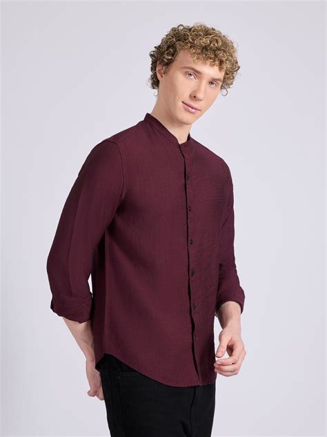 Pryor - Band Collar Plain Shirt - Maroon – Espanshe