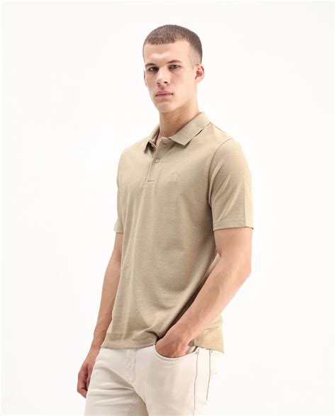 Rare Rabbit Men's Gamor Beige Cotton Blend Plain Regular Fit Half Slee
