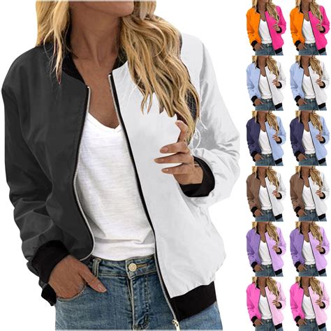 BiZtdJrK Color Block Jackets for Women Zip Up Long Sleeve Bomber Jacket ...