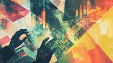 Geometric collage of diverse business activities including typing hands ...