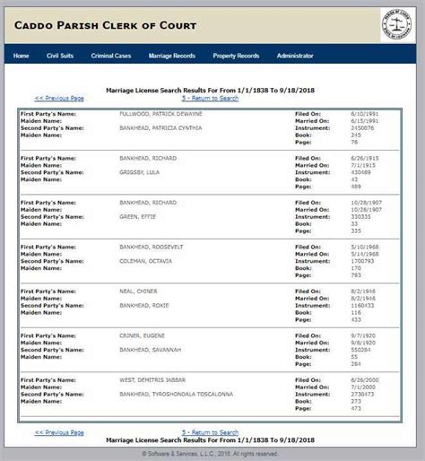 The Caddo Parish Clerk of Court shows a list of Marriage Dates ...