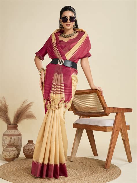 Buy Cream Khadi Raw Silk Temple Woven Border Designer Saree With Blouse ...