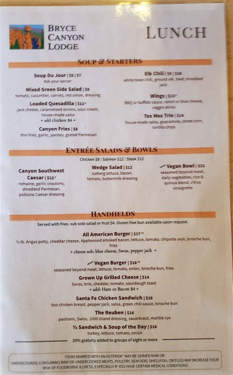 Menu at Dining Room at The Lodge at Bryce Canyon restaurant, Tropic