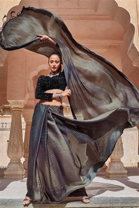 Rainbow Chiffon Satin Patta black Saree With Designer Blouse – Ibis Fab