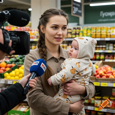 Russian woman holding baby in onesie in grocery store interview on Craiyon