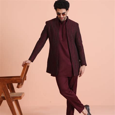 Wine Embellished Double Layer Sherwani Set – Kisah