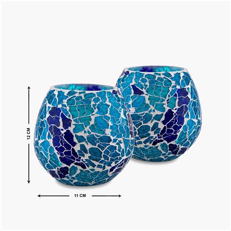 Buy HOMESAKE Blue Crackle Mosaic Candle Holder- Set of 2- Glass ...
