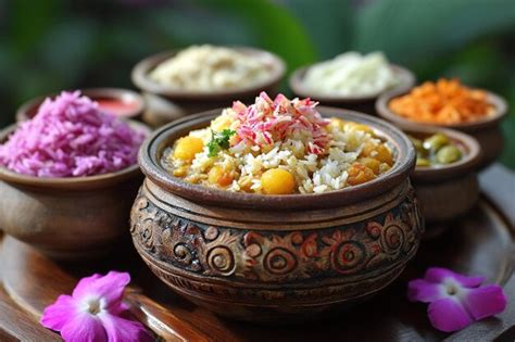 Panta bhat in a beautifully decorated clay pot with various bengali ...