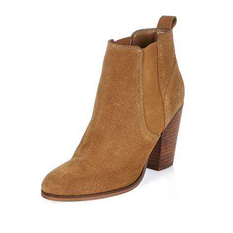 River Island Tan Suede Heeled Ankle Boots in Brown | Lyst