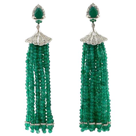 Emerald Diamond Gold Tassel Earrings at 1stDibs