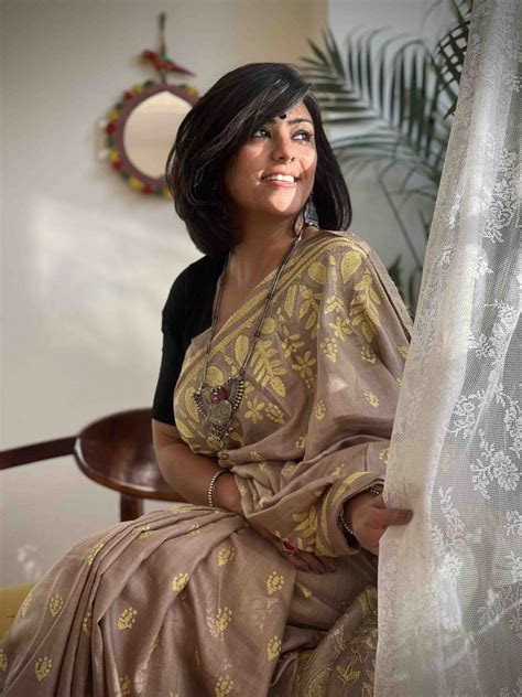 BROWN & LEMON KANTHA HAND EMBROIDERED MUGA TUSSAR SILK SARI