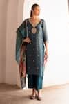Buy Blue Silk, Muslin, Organza Gota Patti, Mirrors, Teal Embroidered ...
