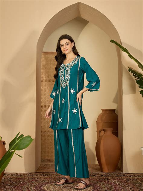 Embroidered & Sequinned A-Line Kurta With Palazzos & Bag (Kurta Set ...