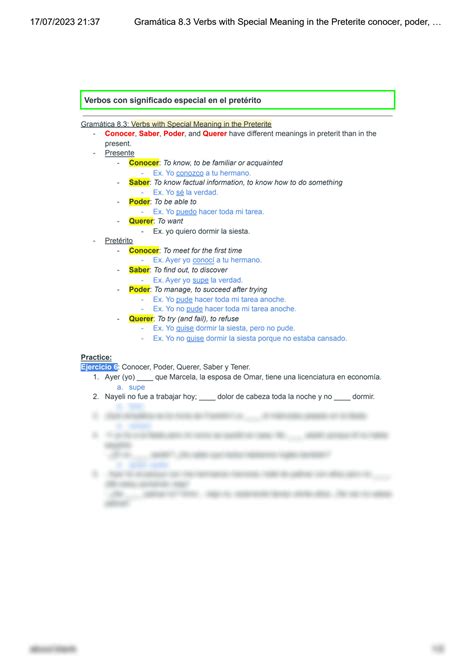 SOLUTION: Grama tica 8 3 verbs with special meaning in the preterite conocer poder querer saber ...