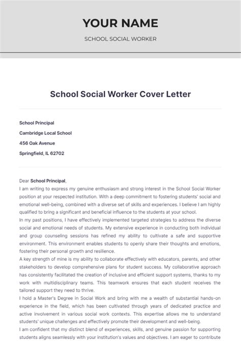 Free School Social Worker Cover Letter Template to Edit Online