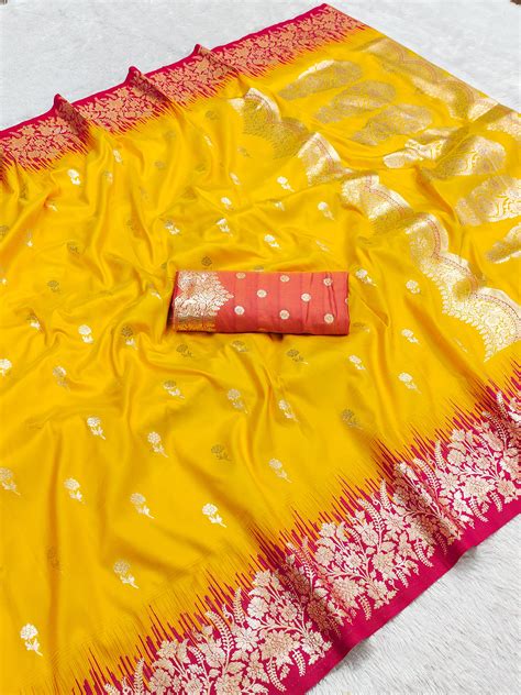 Mustard Yellow Silk Saree with Gold Zari Butta & Rani Pink Floral Bord ...