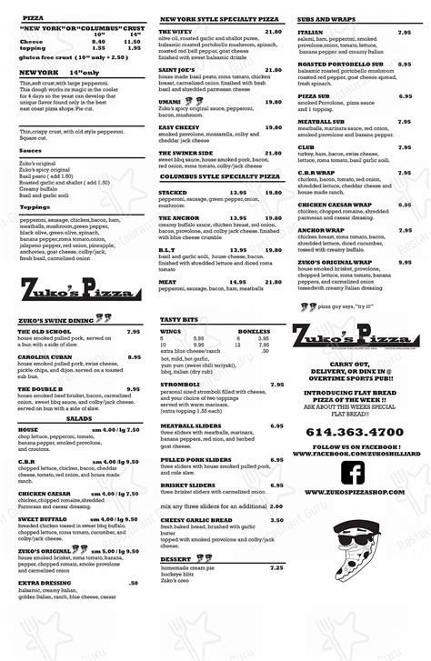 Menu at Zuko's Pizza pizzeria, Hilliard